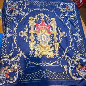 Talbots navy blue scarf ornate royal-themed design in gold red white accents